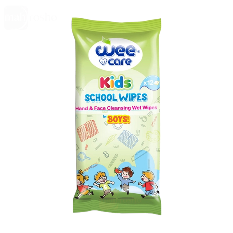 دستمال مرطوب جیبی و پاک کننده دست و صورت کودک مدرسه وی کر مدل پسرانه kids سبز تعداد 12 برگی